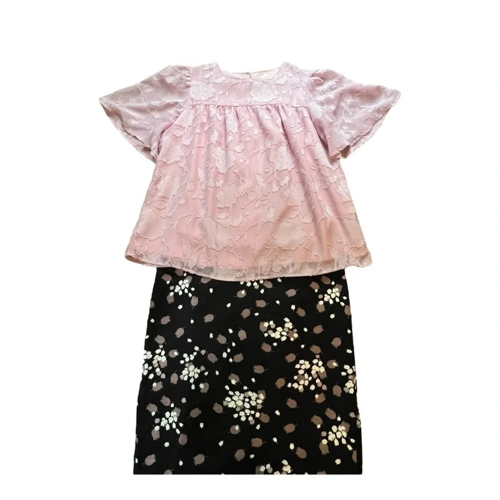 Ann Taylor Loft Pencil Skirt with Side Slits Black Mauve White Floral Sz 12